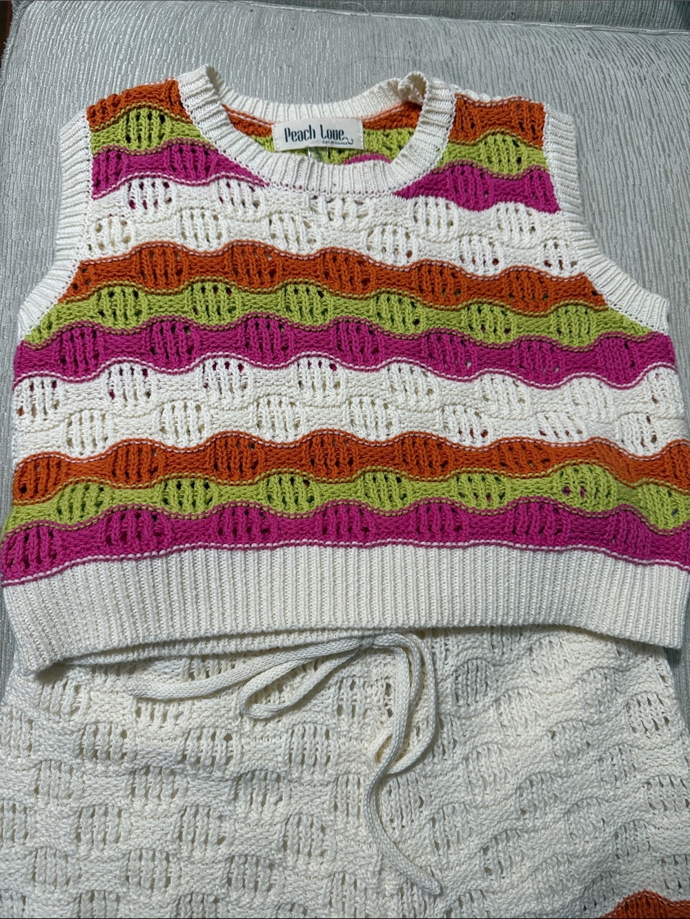 Peach Love California Cream Knit Top & Shorts with Pink, Orange & Lime  size M